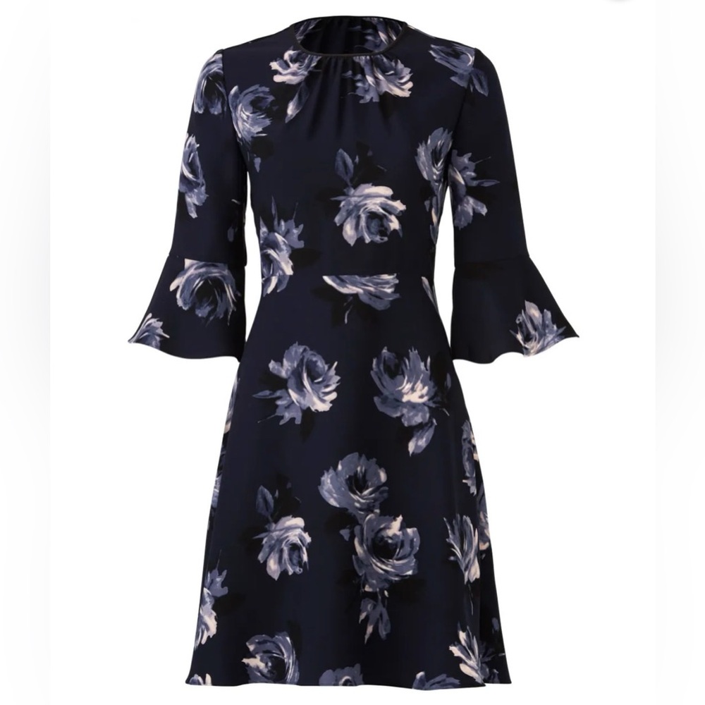 Kate Spade Night Rose Crepe Dress Size 4 NWT Navy Floral Bell Sleeve A-Line - Picture 5 of 9